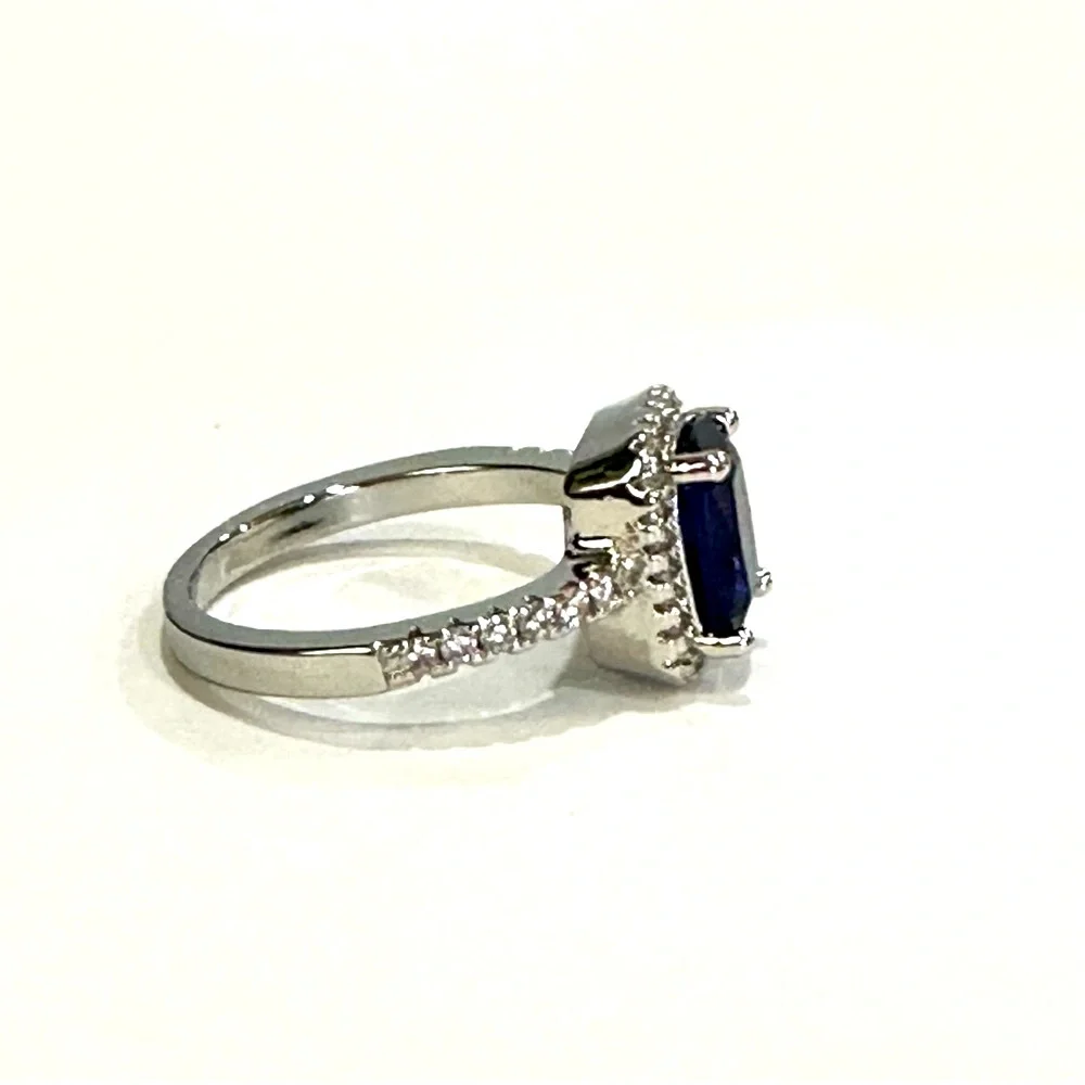 Tibetan Silver stamped .925 stimulated sapphire 6x8mm‎ zirconia halo 7.5 8 8